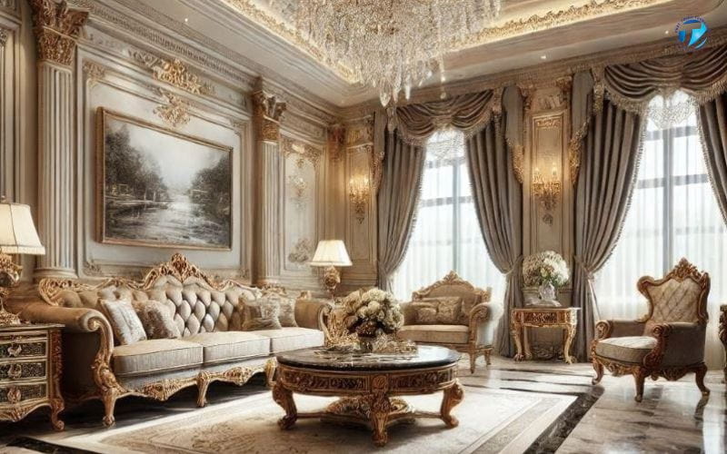 Phòng khách cổ điển với nội thất chạm khắc tinh xảo và gam màu sang trọng.